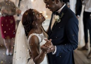 Newlywed couple dancing at wedding
