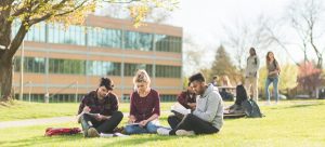 Group of college students study outside in the grass.
